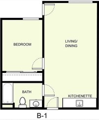 Floor Plan B-1 - Studio to 2 bedrooms from $2324 to $3999 - Hilltop Estates Senior Apartments in Redding, California