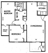 Two Bedroom One Bath Floorplan - 2 Bedrooms 1 Bath Call for rates - 1 to 3 bedrooms from $680 to $690 - Autumn Chase Apartments in Mobile, Alabama
