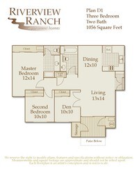 Plan D1 - 3 Bedrooms 2 Bath from $1600 to $1900 - 1 to 3 bedrooms from $1300 to $1950 - Riverview Ranch Apartments in Sacramento, California